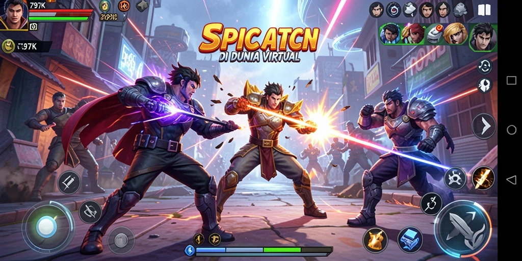Tampilan layar pertarungan epic dalam 797K dengan karakter yang beraksi.