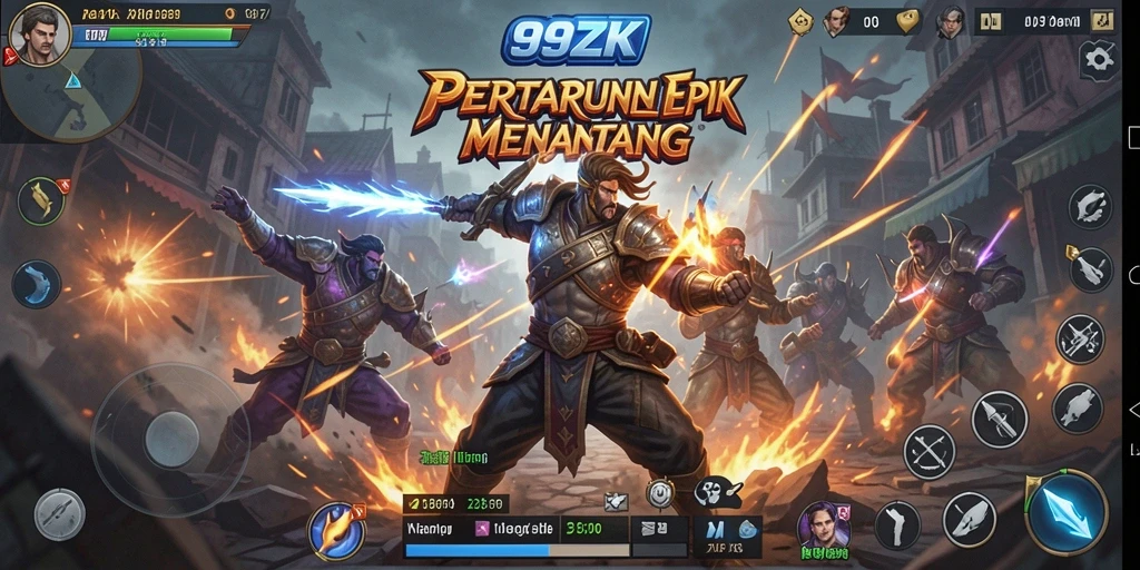 Screenshot gameplay 99ZK menampilkan pertarungan intens dan karakter yang unik.