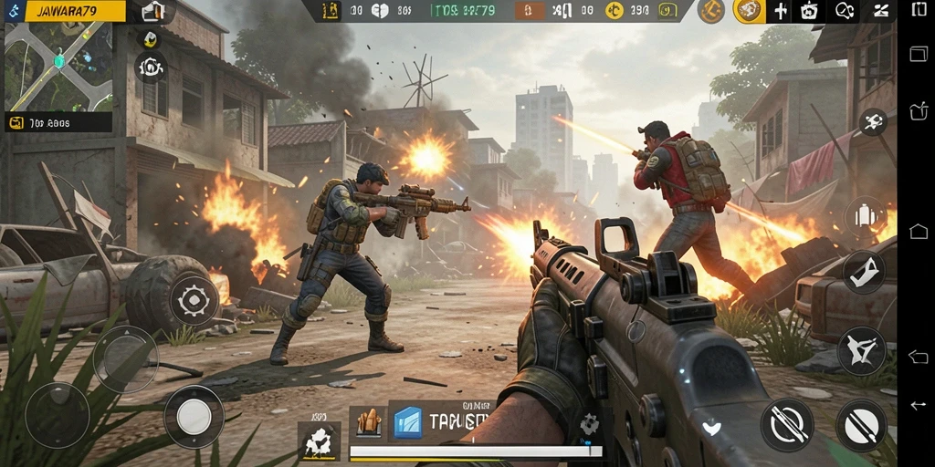 Screenshot utama menunjukkan gameplay seru dalam JAWARA79.