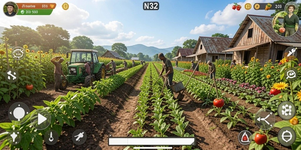 Tampilan gameplay N32 yang menampilkan kebun yang subur dan hewan ternak.