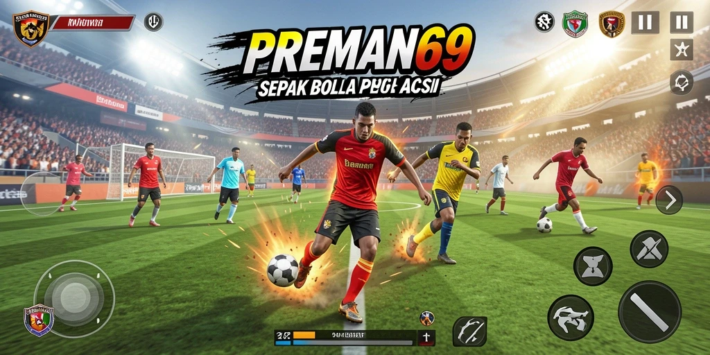 Tampilan gameplay seru dari PREMAN69 dengan aksi sepak bola mendebarkan.
