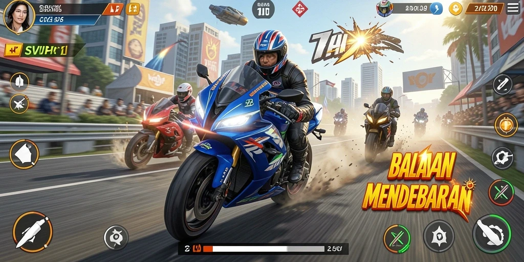 Gameplay seru dalam balapan motor yang mendebarkan.
